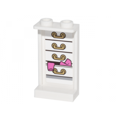 white panel 1 x 2 x 3 with side supports - hollow studs with 4 drawers and clothes hanging out on inside pattern sticker - set 41067