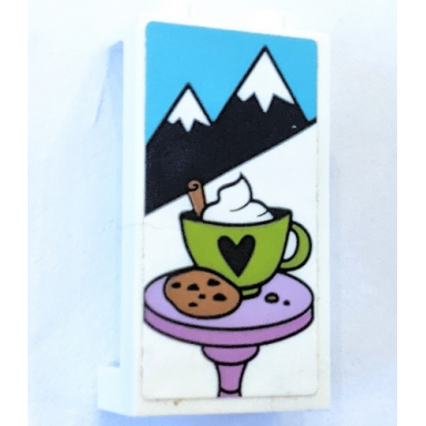 white panel 1 x 2 x 3 with side supports - hollow studs with mountains cookie and hot chocolate cup with heart pattern sticker - set 41319