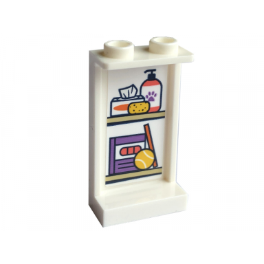 white panel 1 x 2 x 3 with side supports - hollow studs with tan shelves tennis ball sponge and dog shampoo with paw print pattern sticker - set 41741