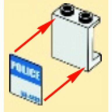 white panel 1 x 2 x 2 with side supports - hollow studs with blue be-4473 and white police pattern model right side sticker - set 4473