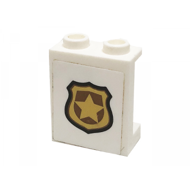 white panel 1 x 2 x 2 with side supports - hollow studs with gold police badge pattern sticker - set 60140