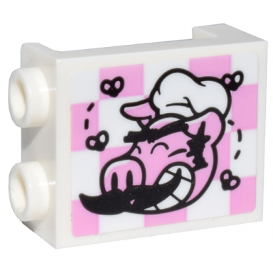 white panel 1 x 2 x 2 with side supports - hollow studs with pigsy head moustache and flies on bright pink and white checkered pattern sticker - set 80036