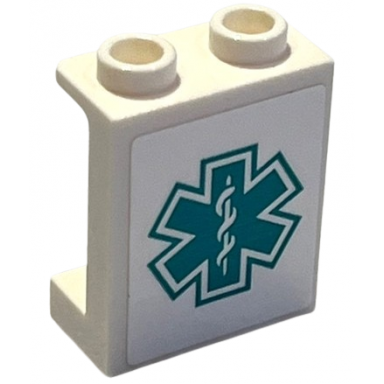 white panel 1 x 2 x 2 with side supports - hollow studs with dark turquoise emt star of life pattern sticker - set 60405