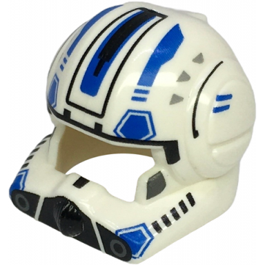 white minifigure headgear helmet sw clone pilot with open visor with black and blue stripe hexagons and markings dark bluish gray cheeks light bluish gray triangles pattern