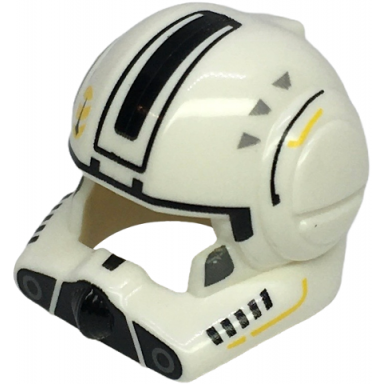 white minifigure headgear helmet sw clone pilot with open visor with black stripe yellow markings dark bluish gray cheeks light bluish gray triangles pattern