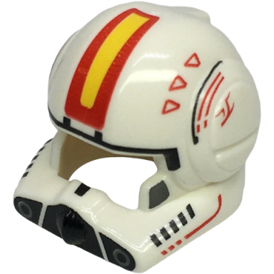 white minifigure headgear helmet sw clone pilot with open visor with yellow and red stripe and markings dark bluish gray cheeks 3 triangles on each side pattern