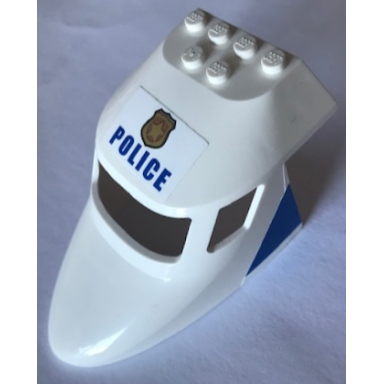 white aircraft fuselage forward top curved 6 x 10 x 4 with 3 window panes with police and badge on top and blue triangle pattern on both sides stickers - set 60138