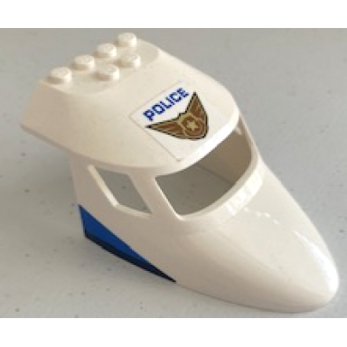white aircraft fuselage forward top curved 6 x 10 x 4 with 3 window panes with blue police and gold badge with wings on top and blue and dark blue stripes pattern on both sides stickers - set 60210