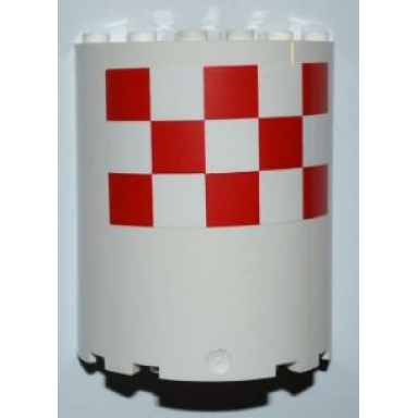 white cylinder half 3 x 6 x 6 with 1 x 2 cutout with red and white large checkered pattern 5 squares per row sticker - set 3182