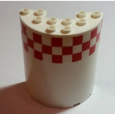 white cylinder half 3 x 6 x 6 with 1 x 2 cutout with red and white small checkered pattern 13 squares per row sticker - set 60022