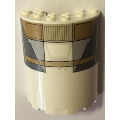 white cylinder half 3 x 6 x 6 with 1 x 2 cutout with tan light bluish gray and dark bluish gray panels pattern sticker - set 75053
