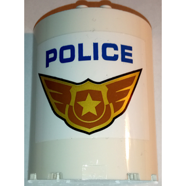 white cylinder half 3 x 6 x 6 with 1 x 2 cutout with blue police and gold badge with wings pattern sticker - set 60210