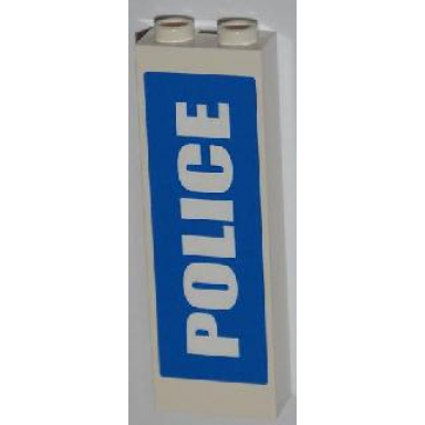 white brick modified 1 x 2 x 5 with channel with white police on blue background pattern sticker - set 7498