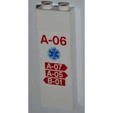 white brick modified 1 x 2 x 5 with channel with a-06 emt star of life and 3 arrows with a-07 a-05 and b-01 pattern sticker - set 4429