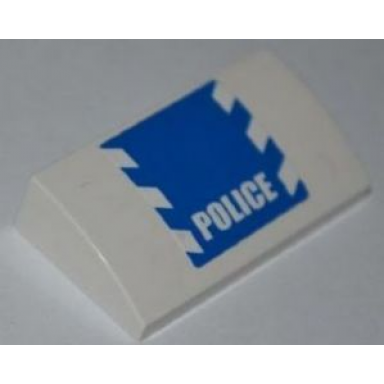white slope curved 2 x 4 x 2 3 with bottom tubes with blue and white danger stripes and white police on blue pattern sticker - set 3648