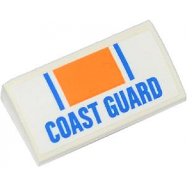 white slope curved 2 x 4 x 2 3 with bottom tubes with orange rectangle blue lines and coast guard pattern sticker - set 60012