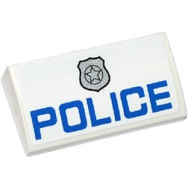 white slope curved 2 x 4 x 2 3 with bottom tubes with silver police badge and police pattern sticker - sets 60043 60047