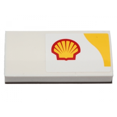white slope curved 2 x 4 x 2 3 with bottom tubes with shell logo and yellow upper right corner pattern model left side sticker - set 40196