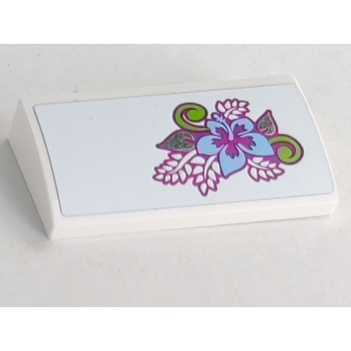 white slope curved 2 x 4 x 2 3 with bottom tubes with bright light blue lime and magenta flower and leaves pattern sticker - set 41058