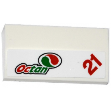 white slope curved 2 x 4 x 2 3 with bottom tubes with octan logo and red number 21 pattern sticker - set 60115