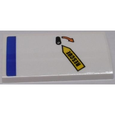 white slope curved 2 x 4 x 2 3 with bottom tubes with blue stripe black rescue orange arrow and black lever pattern sticker - set 60166