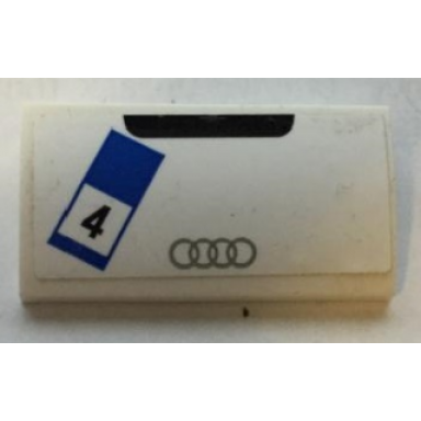 white slope curved 2 x 4 x 2 3 with bottom tubes with silver audi logo and black 4 in blue and white rectangle pattern sticker - set 75873