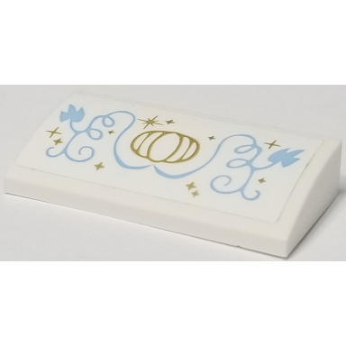 white slope curved 2 x 4 x 2 3 with bottom tubes with gold carriage and stars and medium blue vines pattern sticker - set 41146
