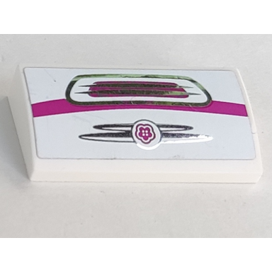 white slope curved 2 x 4 x 2 3 with bottom tubes with silver grille and magenta stripe pattern sticker - set 41058