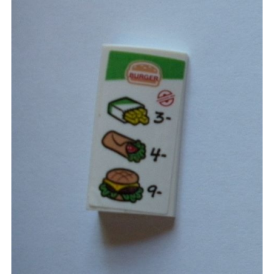 white slope curved 2 x 4 x 2 3 with bottom tubes with menu burger fries wrap cheeseburger 3- 4- and 9- pattern sticker - set 60214