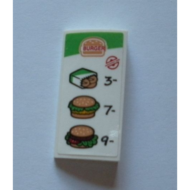 white slope curved 2 x 4 x 2 3 with bottom tubes with menu burger onion rings chicken sandwich hamburger 3- 7- and 9- pattern sticker - set 60214