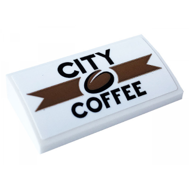 white slope curved 2 x 4 x 2 3 with bottom tubes with city coffee and bean pattern sticker - set 60233