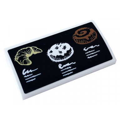 white slope curved 2 x 4 x 2 3 with bottom tubes with tan croissant white donut doughnut and reddish brown cake on black background pattern sticker - set 60233