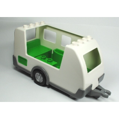 white duplo camper trailer with bright green interior and dark bluish gray base