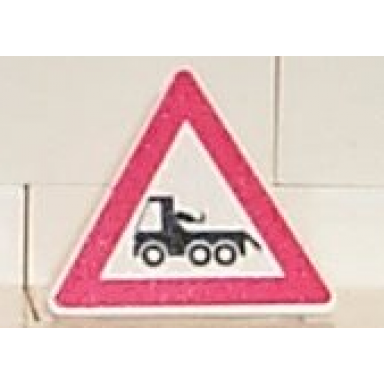 white road sign 2 x 2 triangle with clip with red border and black tow truck pattern