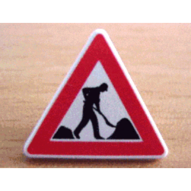 white road sign 2 x 2 triangle with clip with road repair worker and 2 piles pattern