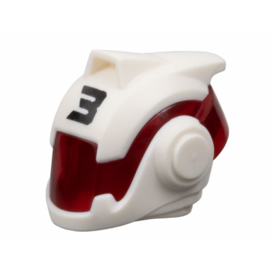 white minifigure headgear helmet with molded trans-red visor and printed black number 3 pattern