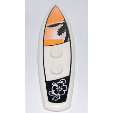 white minifigure utensil surfboard standard with black palm tree on orange sunset background and black flower pattern