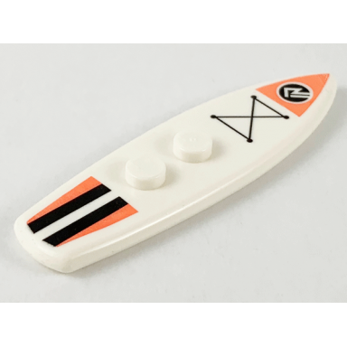 white minifigure utensil surfboard standard with coral and black stripes and sports logo pattern