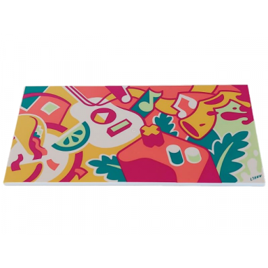 white tile 8 x 16 with bottom tubes textured surface with graffiti art dark turquoise liann and leaves guitar yellow saxophone musical notes game controller pattern