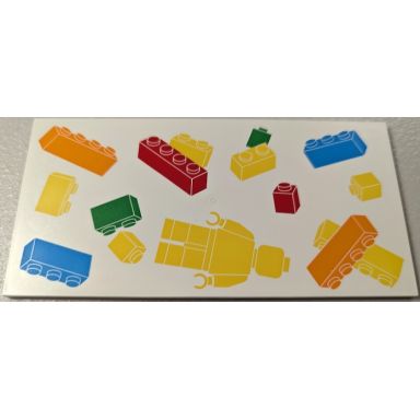 white tile 8 x 16 with bottom tubes textured surface with yellow orange dark azure red and bright green floating bricks and minifigure pattern