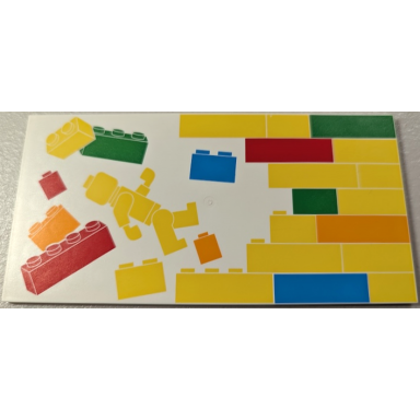 white tile 8 x 16 with bottom tubes textured surface with yellow orange dark azure red and bright green bricks brick wall and minifigure pattern model right side