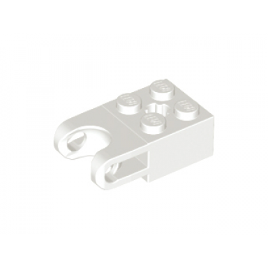 white technic brick modified 2 x 2 with ball socket and axle hole - straight forks with round ends and open sides