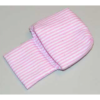 white duplo cloth sleeping bag with pink stripes pattern