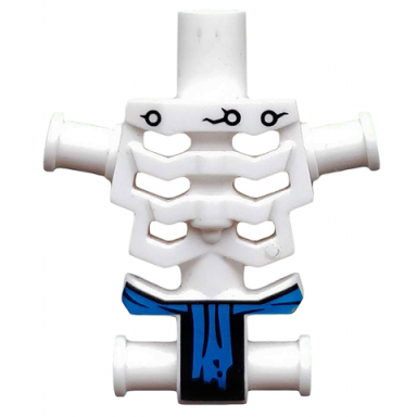 white torso skeleton angular rib cage with black holes and cracks and blue loincloth pattern