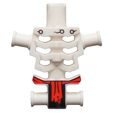 white torso skeleton angular rib cage with black holes and cracks and red loincloth pattern