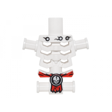 white torso skeleton angular rib cage with black holes and cracks and red loincloth with cracked white skull pattern