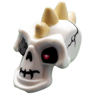 white minifigure head modified skull with tan spikes and metal eye patch pattern