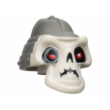 white minifigure head modified skull with red eyes dark bluish gray helmet and monocle pattern