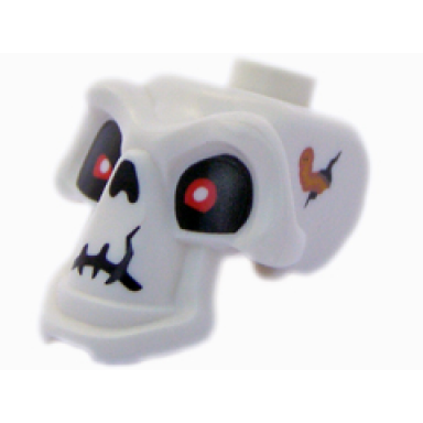 white minifigure head modified skull with red eyes cracks and worm pattern