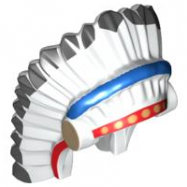white minifigure headgear headdress indian with colored feathers gold dots on red and black hair on back pattern